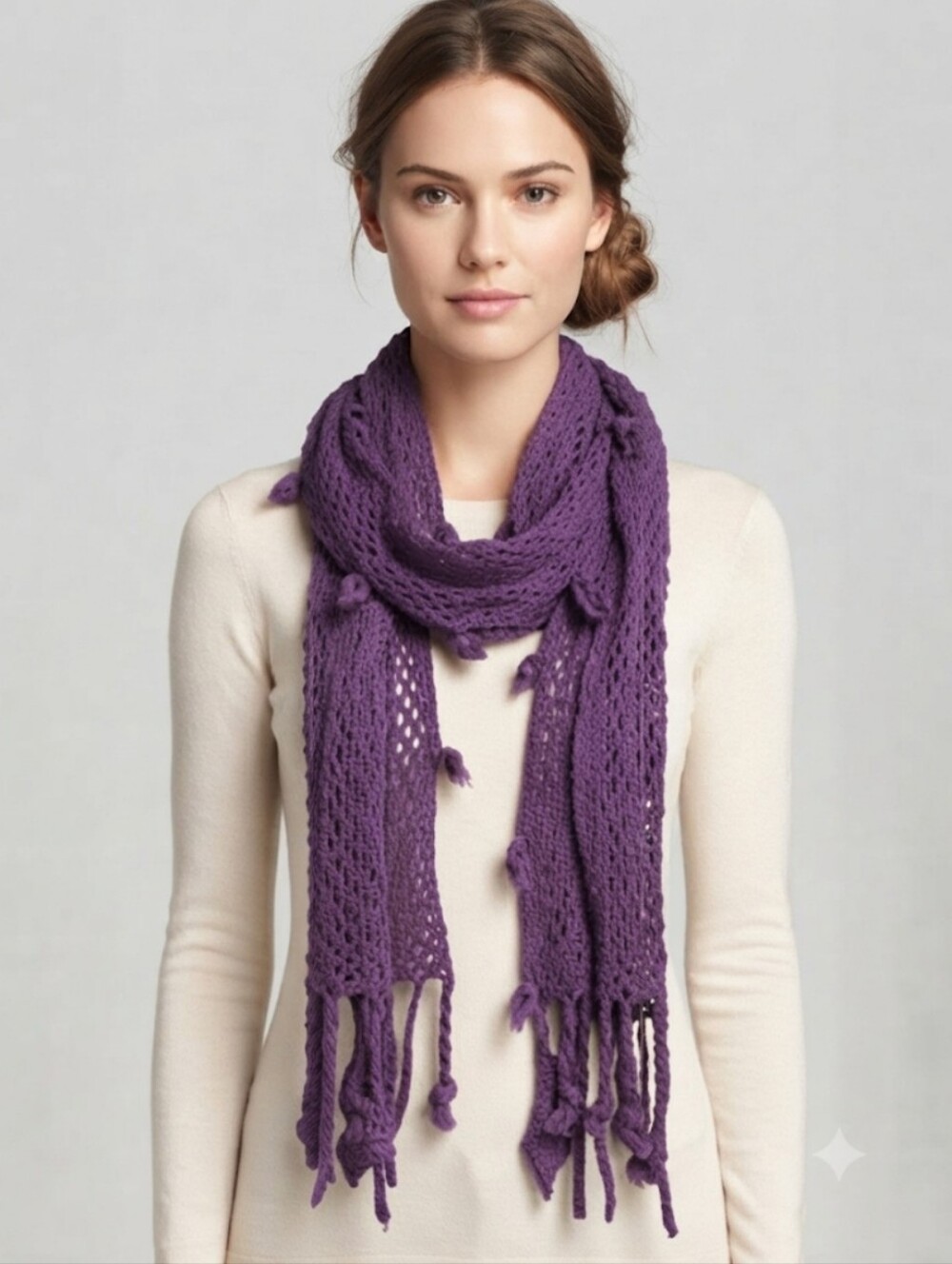 Purple Open Knit Fringed Scarf With Tassels 9" Wide 48" Long Shabby Chic